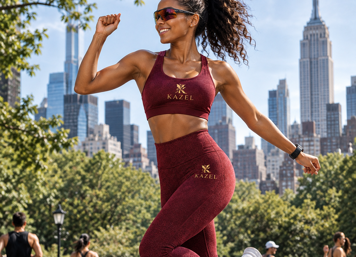 A woman jumps in a New York City park wearing a matching maroon athletic set with a sports bra and leggings, both featuring a gold Kazel logo. The background shows a busy urban park with trees, other joggers, and the Empire State Building skyline.